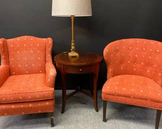 Two Upholstered Chair, Bombay Company Table, Brass Colored Lamp