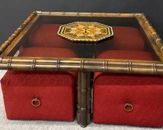 Mid Century Modern Faux Bamboo Style Coffee Glass Top Table W Ottomans