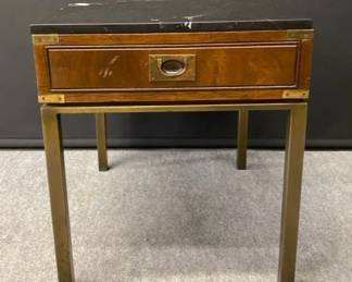Vintage Campaign Style Mt Airy Furniture Co. End Table With Marble Top And Brass Legs