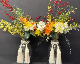 Pair Of Large Glass Vases With Tassels And Flowers