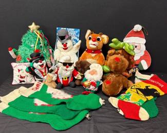 Vintage Christmas Stuffed Animals And Handmade Stockings Featuring Frosty Rudolph
