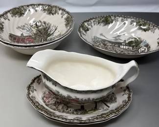 Johnson Bros, The Friendly Village, 3Serving Bowls, 2small Serving Plates Gravy Dish