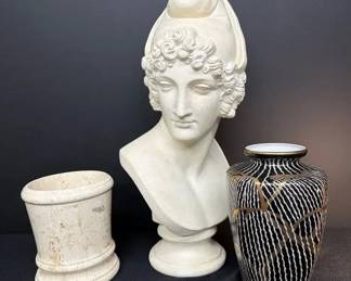 Antonio Canovas Bust of Paris Plaster Sculpture, Champagne Marble Waste Basket, And Porcelain Vase