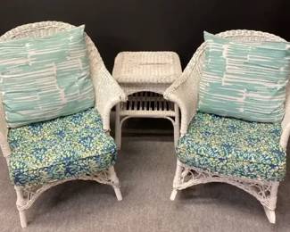 Vintage Painted Wicker Rocker, Side Chair And Table