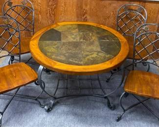 Riverside Furniture Corp. Wood And Metal Table With Stone Top Four Matching Chairs