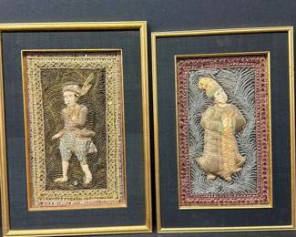 Vintage 3D Burmese Kalaga Tapestry Pair Framed Embellished With Stitching, Beads, Sequins