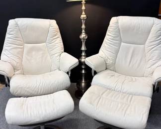 Stressless Leather Swivel Chairs with Ottomans and Lamp