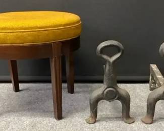 Antique Cast Iron Fire Dogs, Vintage Wood Swivel Upholstered Stool