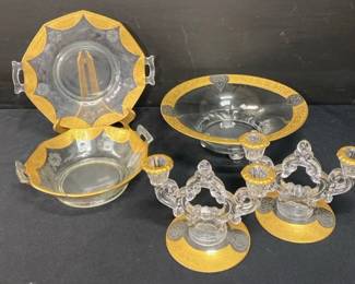 Art Deco Style Glass And Gold Colored Serving Plate, Bowls And Candle Holders