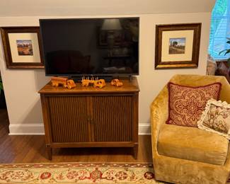 Vintage TV cabinet and Mitchell Gold/Bob Williams swivel accent chair