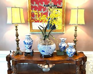 aker Milling Road console table and collection of blue and white chinoiserie