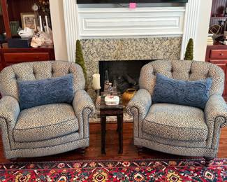 Pair of Charles Stewart Co. tufted club chairs