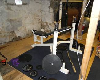 Weight bench, weights, bars, kettle balls etc.