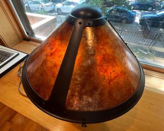 Arts & Crafts Mica Table Lamp with Bronze Finish and Amber Mica Shade