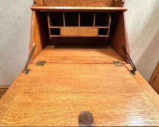 Quarter Sawn Oak Drop Front Secretary Desk with Gallery, Cubbies and Drawer