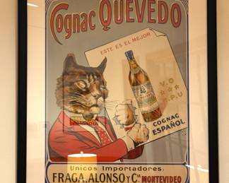 Cognac Quevedo Spanish Advertising Serigraph Featuring Anthropomorphic Cat size od 38"x30" image 29"x22"