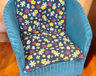 Blue Wicker Barrel Accent Chair with Floral Cushions