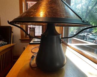 Arts & Crafts Mica Table Lamp with Bronze Finish and Amber Mica Shade