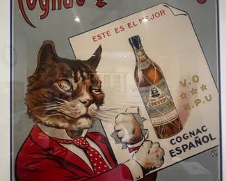 Cognac Quevedo Spanish Advertising Serigraph Featuring Anthropomorphic Cat