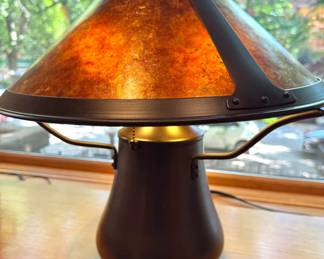 Arts & Crafts Mica Table Lamp with Bronze Finish and Amber Mica Shade