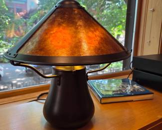 Arts & Crafts Mica Table Lamp with Bronze Finish & Amber Mica Shade
