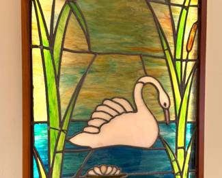 Large Light-up Stained Glass Swan Window Panel with Cattails in Wood Frame 35"x22"