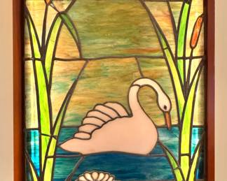 Large Light-up Stained Glass Swan Window Panel with Cattails in Wood Frame