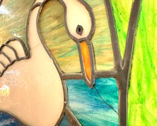 Large Light-up Stained Glass Swan Window Panel with Cattails in Wood Frame