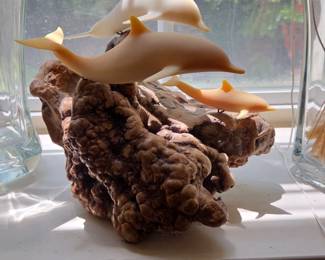 John Perry Three Dolphins Sculpture on Driftwood Base