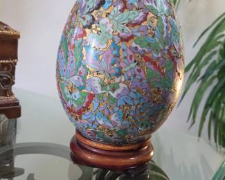 Large Cloisonn Butterfly Egg with Wooden Stand