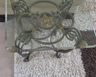 Ornate Wrought Iron and Glass Pedestal Side Tables Pair
