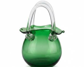 Green Glass Basket Vase with Applied Handle, possibly Empoli or Murano style