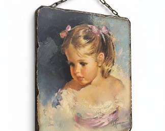 M. Renzi Little Girl with Pink Bow Oil Painting on Slate