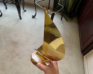 Signed DeMott Brass Sailboat Sculpture on Natural Stone Base third image