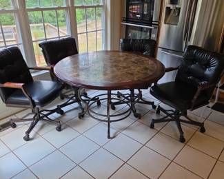 Pre-Sale Item. Call/text 540-792-1914 to set up an appointment. Round Marble Top Dining Table with Four Leather Chairs