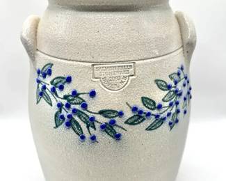 2003 Salmon Falls Salt-Glazed Stoneware Lidded Crock — Handpainted Blueberry Vine Pottery