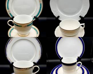 (4) Place Settings-Spode, Gorham, Rosenthal One cup is chipped as shown Gorham fine china place setting in the Regalia Court Teal pattern Gorham Golden Swirl dinner plate and teacup set Rosenthal Sanssouci tableware, Spode Consul Cobalt place setting