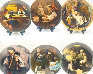 (6) Normal Rockwell Collector Plates Knowles "Grandpa's Treasure Chest" decorative collector plate Edwin M. Knowles "The Storyteller" collector plate Norman Rockwell "The Music Maker" limited edition collector plate Knowles "The Ship Builder" collector plate Knowles "Dreaming in the Attic" collector plate Norman Rockwell illustration "A Father's Help" Knowles plate