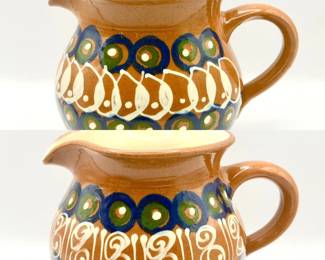 (2) Handmade German hand-painted pottery pitchers