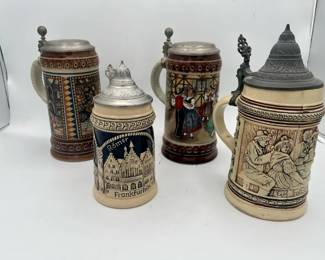 German Stoneware Beer Steins with Pewter Lids (4)