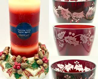(3) vintage Teleflora ruby red glass bowl & Holiday Candle Holder
