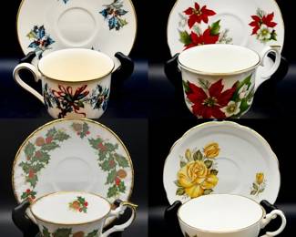 (4) Place Settings Feat Lenox Lenox Winter Greetings Place setting Royal Stuart fine bone china teacup and saucer set vintage Rosina Queens fine bone china tea cup and saucer set featuring the Yuletide pattern Royal Ascot bone china teacup and saucer set Yellow rose