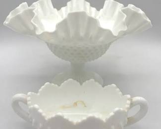 Pair of Stunning Fenton Hobnail Ruffled Edge Milk Glass Bowls