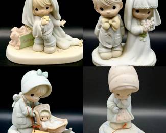 (4) Precious Moments Figurines Feat June This Precious Moments "February" figurine from the Calendar Girl series Precious Moments "January" porcelain bisque figurine, Precious Moments "The Lord Bless You And Keep You" bride and groom figurine Precious Moments figurine June