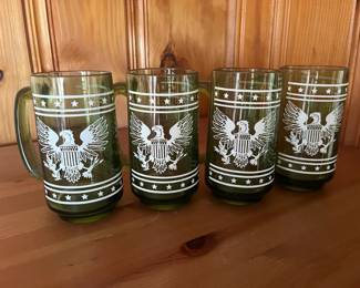 Hazel Atlas Green Glass Mugs with Eagle and Stars (4)