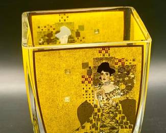 Stickered Goebel Artis Orbis glass tea light holder featuring Gustav Klimt's "Portrait of Adele Bloc