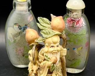 Asian Figurine & (2) Reverse Painted Bottles
