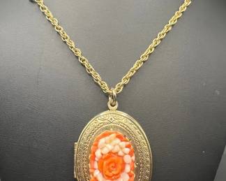 Rose Carved Coral Colored Gold-Tone Locket Pendant — Vintage Jewelry