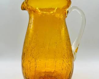 Amber Yellow Crackle Glass Pitcher
