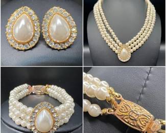 Rhinestones & Costume Pearl Vintage Jewelry Set: Necklace, Bracelet & Earrings